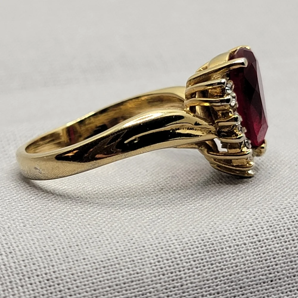 Vintage Cocktail Ring Gold Tone Simulated Ruby and Diamond